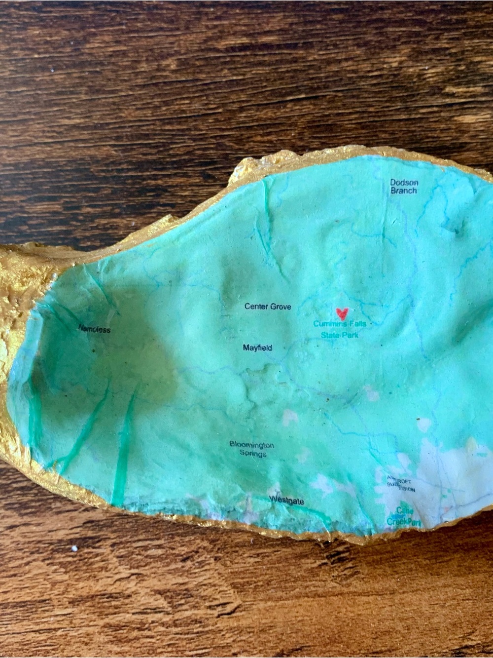 Handmade Teal Agate Cummins Falls Map Ring Holder with Gold Edge - Unbranded